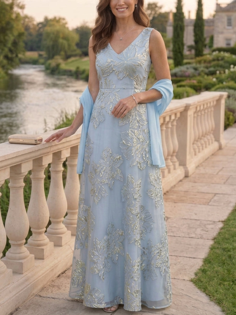Robe Mère de la Mariée, Forme A-Ligne/Princesse, Col en V, Jacquard, avec Enveloppe, Sans Manches, Floral, Longueur au Sol