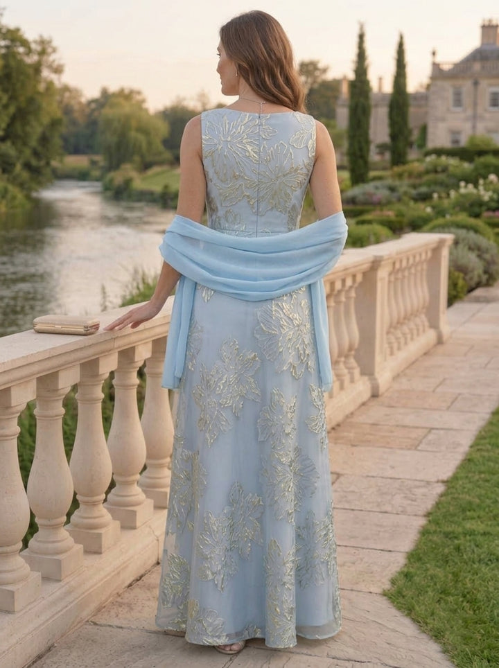Robe Mère de la Mariée, Forme A-Ligne/Princesse, Col en V, Jacquard, avec Enveloppe, Sans Manches, Floral, Longueur au Sol