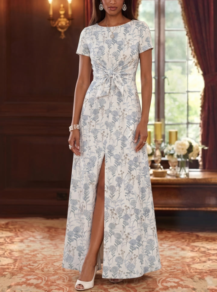 Robe Mère de la Mariée, Forme A-Ligne/Princesse, Col Rond, Jacquard, avec Fente Latérale, Manches Courtes, Floral, Longueur à la Cheville, Nœud