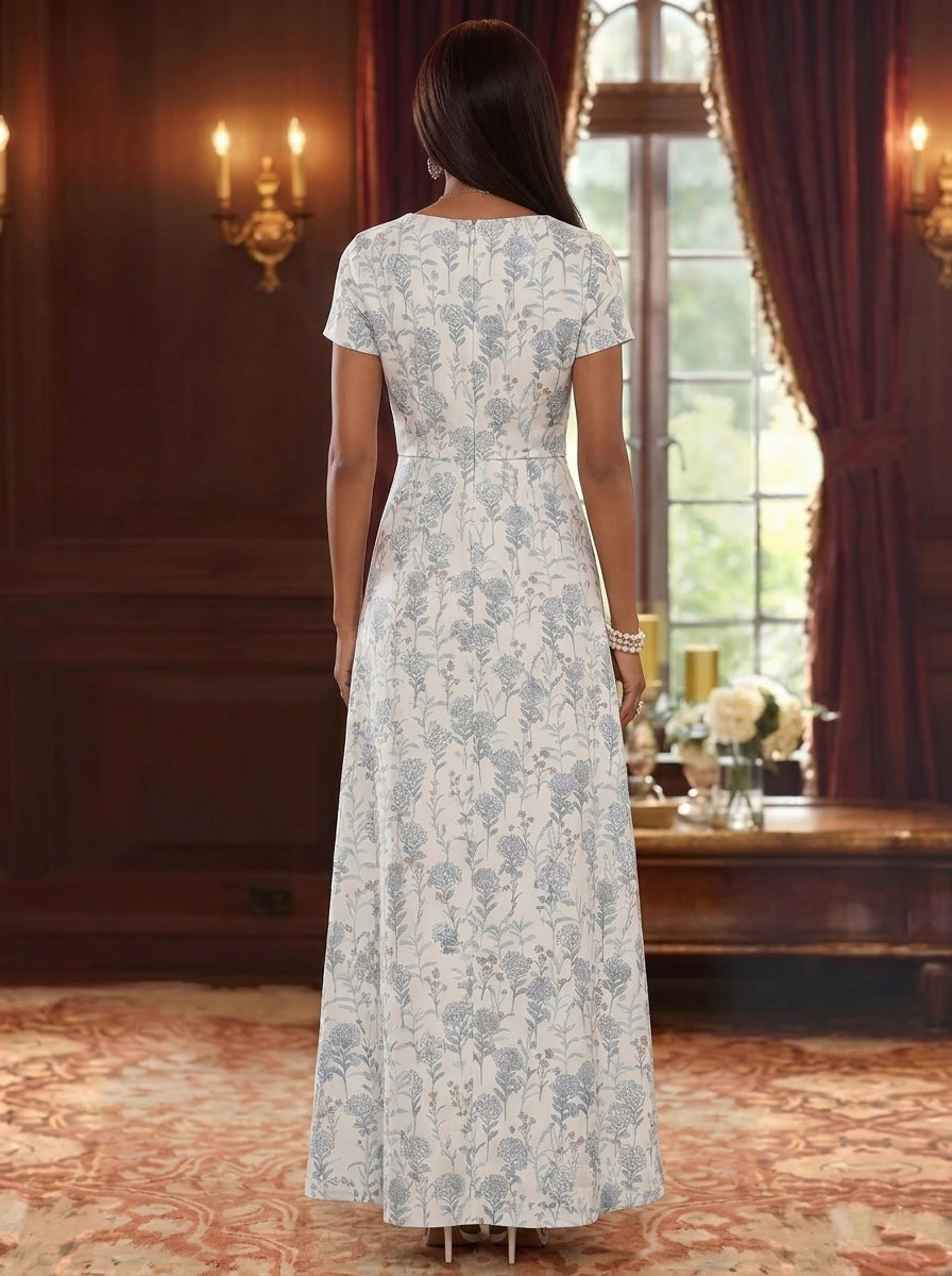 Robe Mère de la Mariée, Forme A-Ligne/Princesse, Col Rond, Jacquard, avec Fente Latérale, Manches Courtes, Floral, Longueur à la Cheville, Nœud