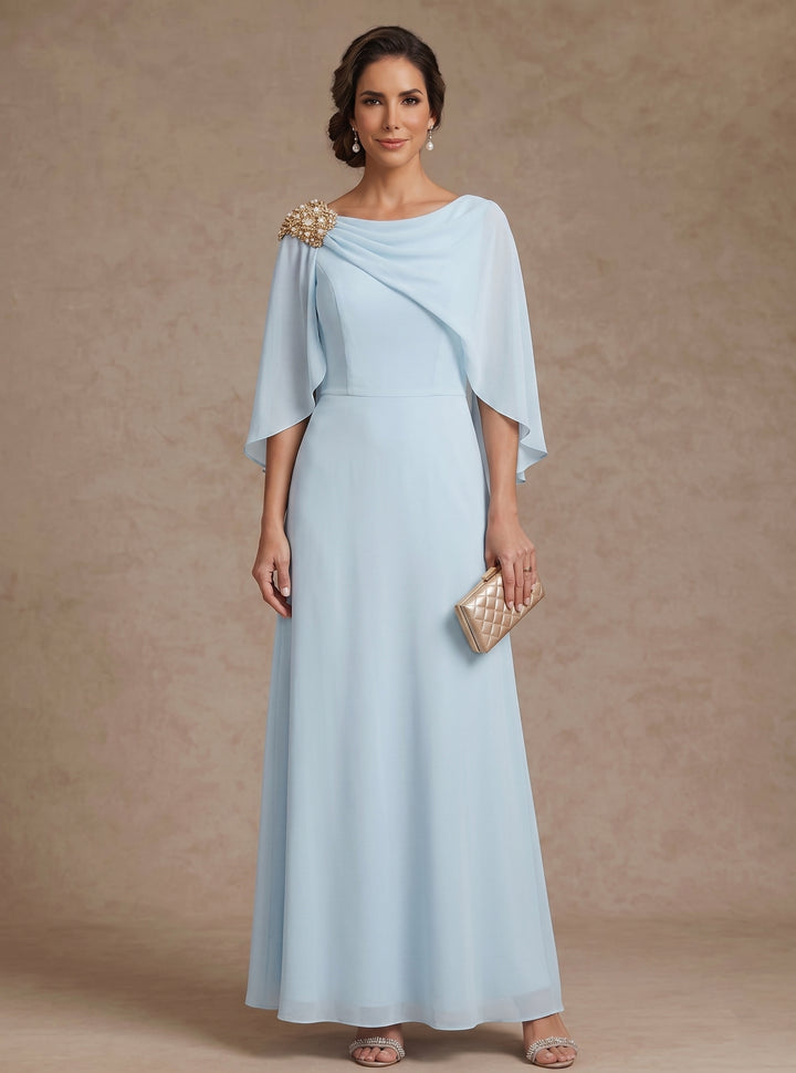 Robe Mère de la Mariée, Forme A-Ligne/Princesse, Col Bateau, Mousseline, Manches Cape, Longueur à la Cheville, Strass