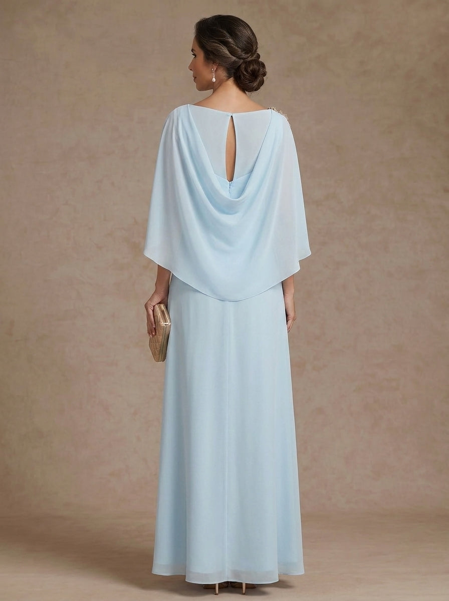 Robe Mère de la Mariée, Forme A-Ligne/Princesse, Col Bateau, Mousseline, Manches Cape, Longueur à la Cheville, Strass