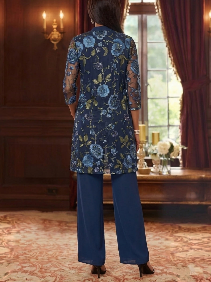 Tailleur 3 pièces, Col Rond, Mousseline, Combinaison Pantalon Mère de la Mariée avec Veste, Floral, Manches 3/4, Longueur à la Cheville
