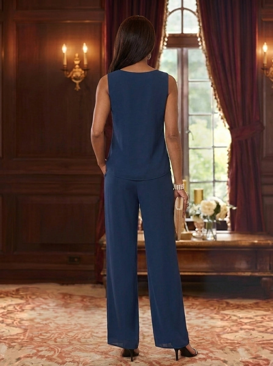 Tailleur 3 pièces, Col Rond, Mousseline, Combinaison Pantalon Mère de la Mariée avec Veste, Floral, Manches 3/4, Longueur à la Cheville