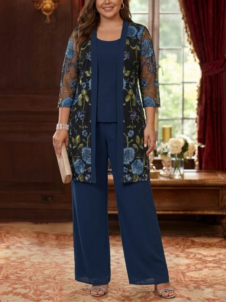 Robe mère de la mariée, Taille Plus, 3 Pièces, Costume-Pantalon, Col Rond, Mousseline, Manches 3/4, Longueur de la Cheville
