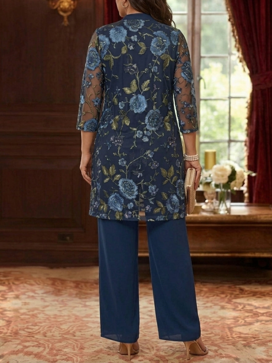 Robe mère de la mariée, Taille Plus, 3 Pièces, Costume-Pantalon, Col Rond, Mousseline, Manches 3/4, Longueur de la Cheville