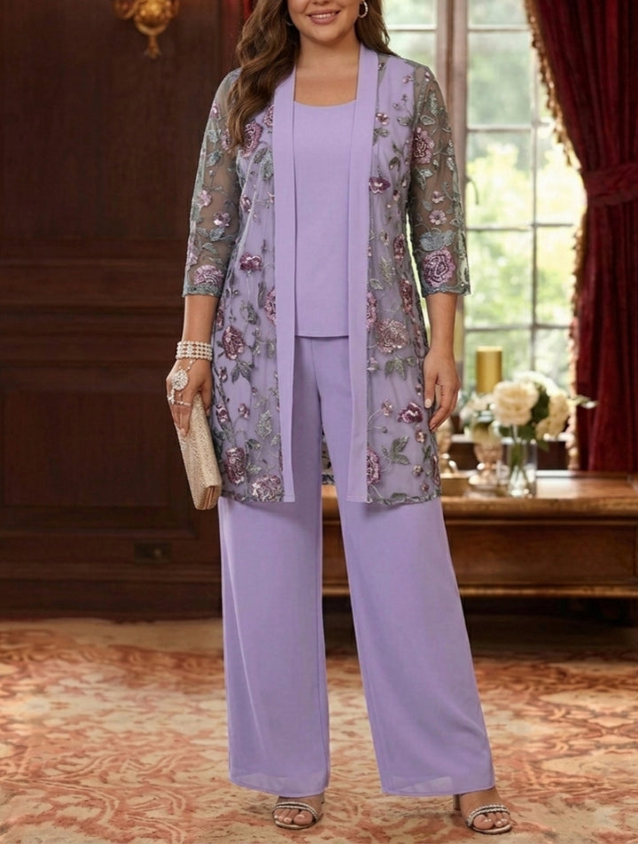 Robe mère de la mariée, Taille Plus, 3 Pièces, Costume-Pantalon, Col Rond, Mousseline, Manches 3/4, Longueur de la Cheville