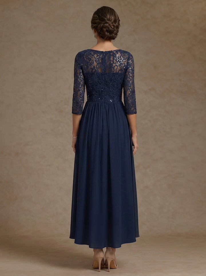 Robe Mère de la Mariée, Forme A-Ligne/Princesse, Col en V, Mousseline, Manches 3/4, Dentelle, Paillettes, Longueur du Thé