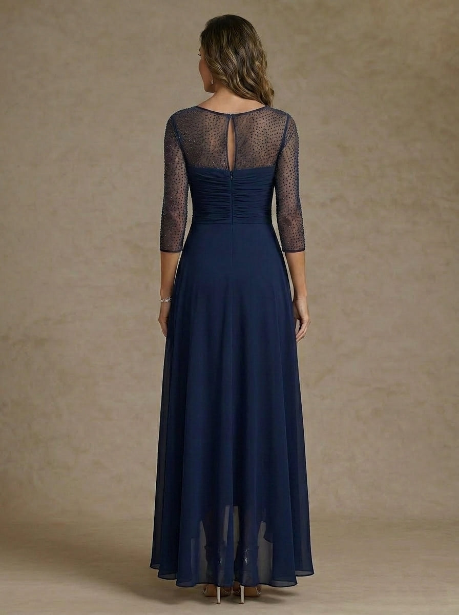 Robe Mère de la Mariée, Forme A-Ligne/Princesse, Col en V, Mousseline, Manches 3/4, Paillettes, Asymétrique, Longueur du Thé