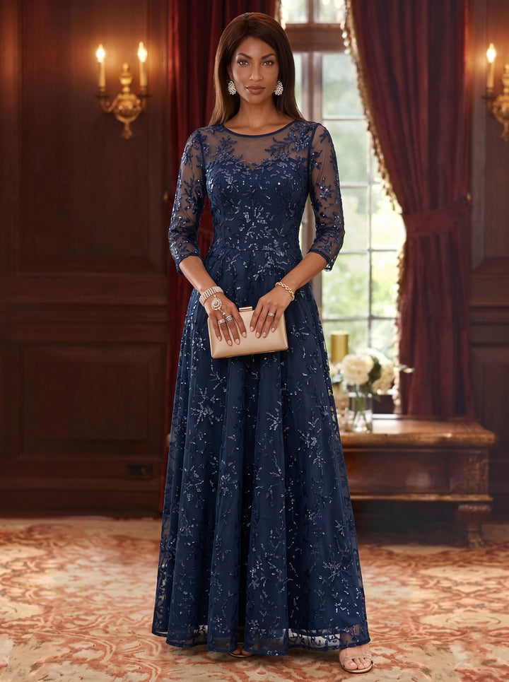Robe Mère de la Mariée, Forme A-Ligne/Princesse, Col Rond, Dentelle, Paillettes, Manches 3/4, Longueur au Sol