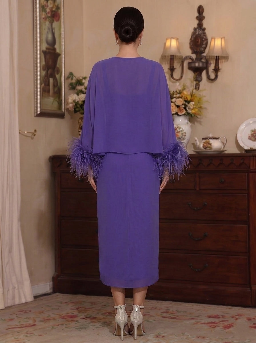 Robe Mère de la Mariée, Forme Fourreau/Colonne, Col Rond, avec Veste Plumée, Longueur du Thé, Fleurs 3D, Manches Longues