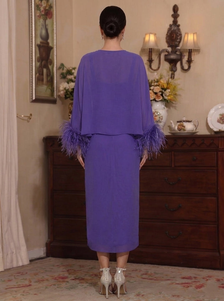 Robe Mère de la Mariée, Forme Fourreau/Colonne, Col Rond, avec Veste Plumée, Longueur du Thé, Fleurs 3D, Manches Longues