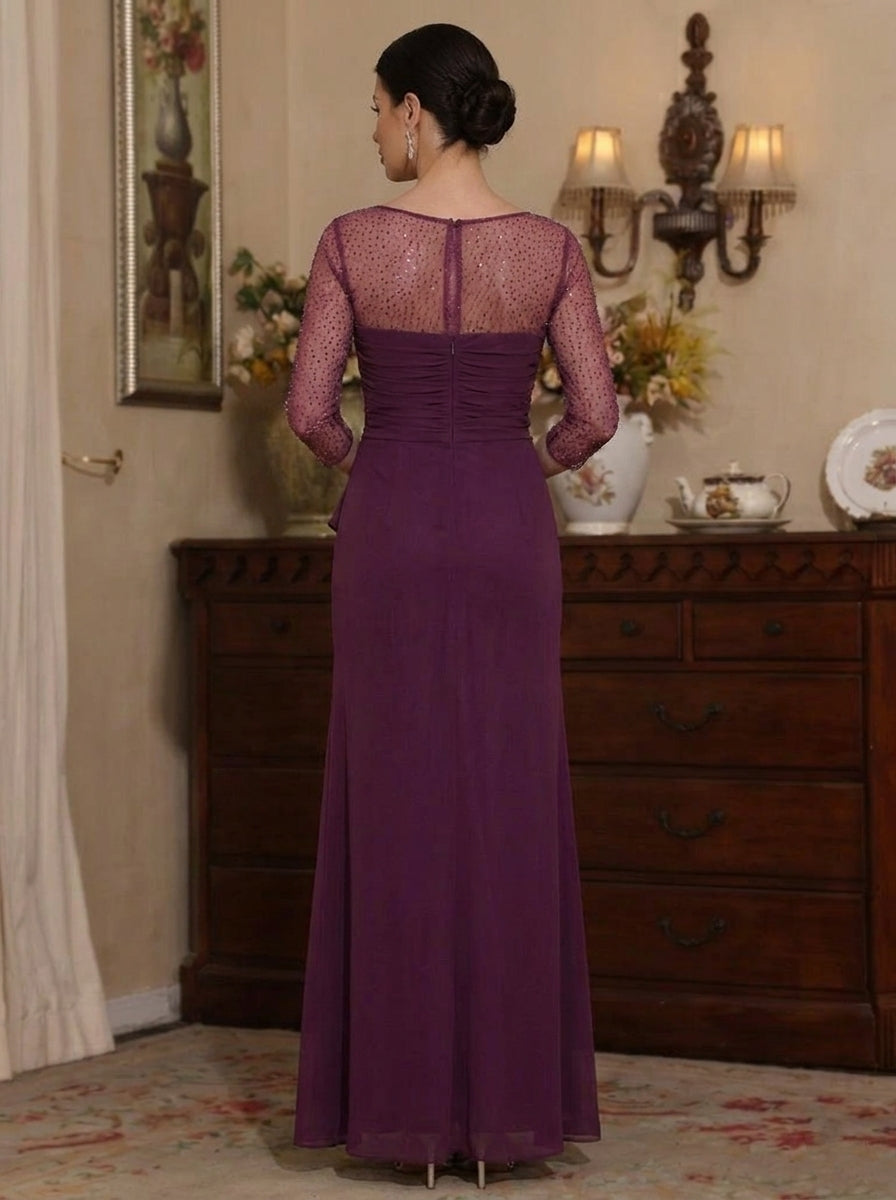 Robe Mère de la Mariée, Forme Fourreau/Colonne, Col en V,  Froncée, Volants, Manches 3/4, Longueur à la Cheville