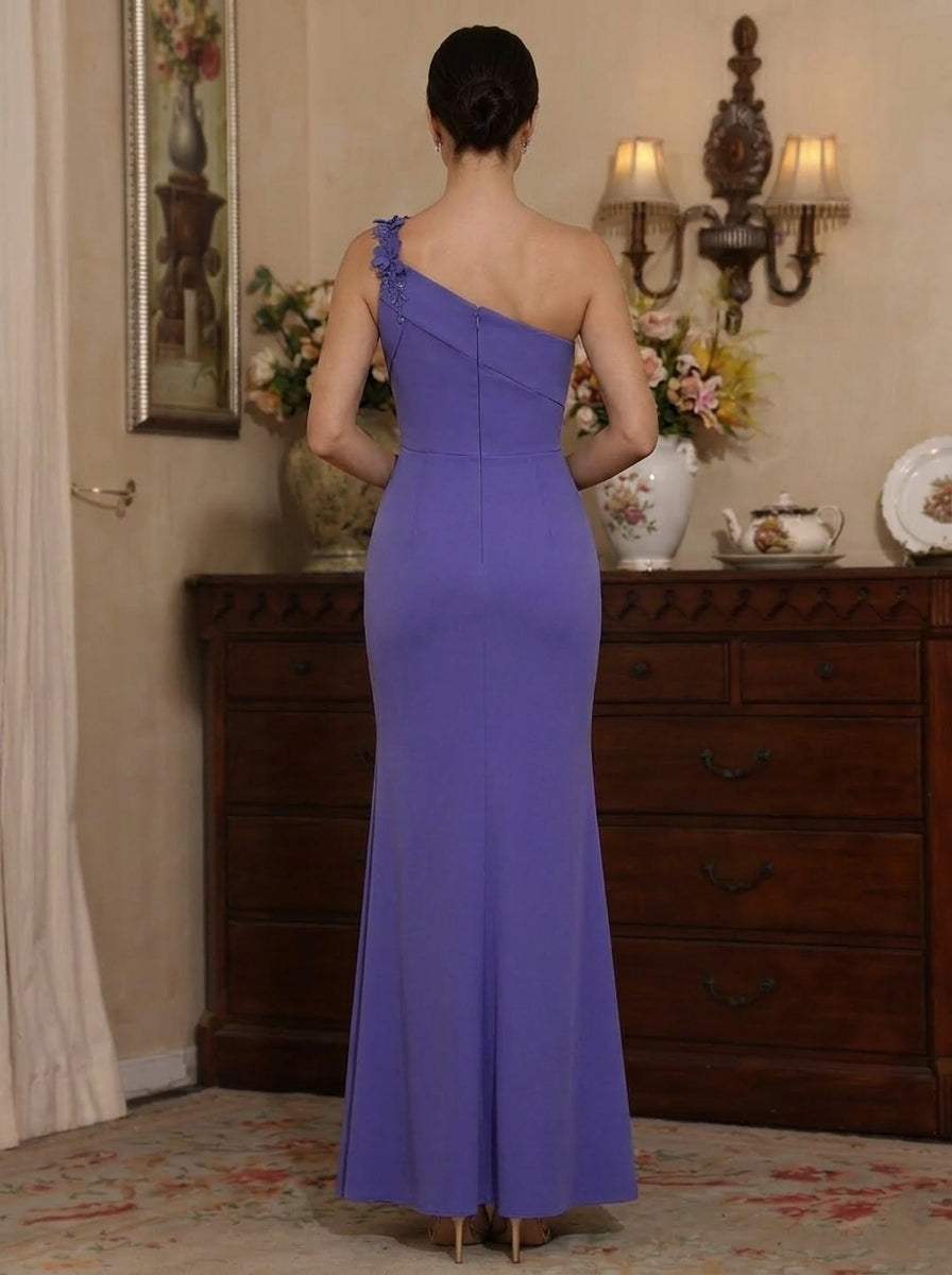 Robe Mère de la Mariée, Forme Fourreau/Colonne, Épaule Unique, Satin Élastique, avec Fente Latérale, Sans Manches, Longueur à la Cheville, avec Fleurs 3D