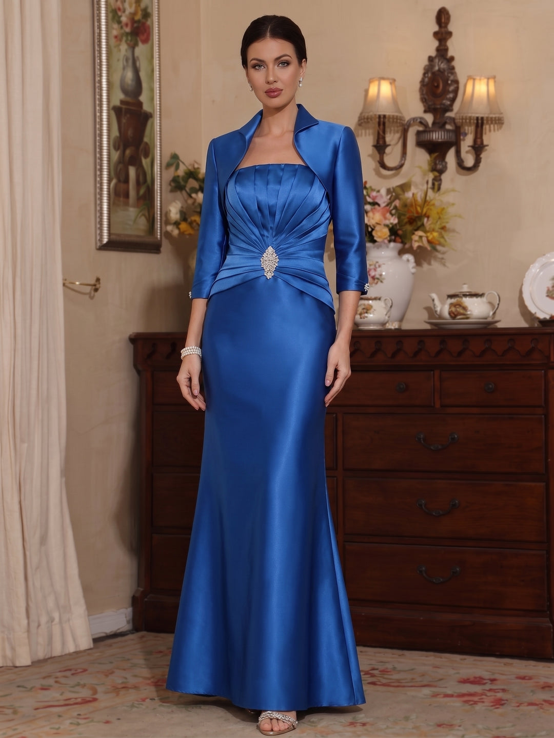 Robe Mère de la Mariée, Forme Trompette/Sirène, Col Chemise, Satin, avec Veste, Manches 3/4, Froncée, Longueur du Sol