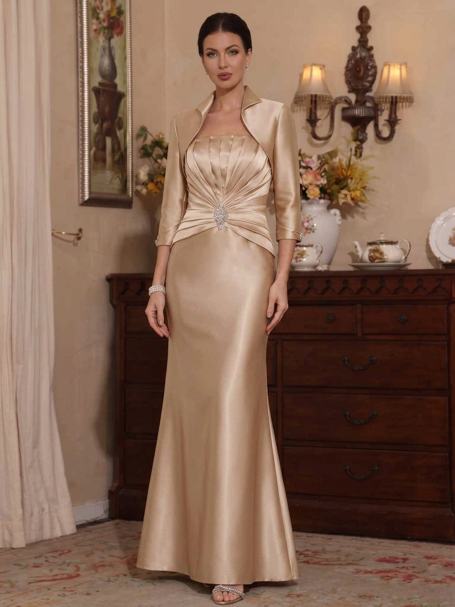 Robe Mère de la Mariée, Forme Trompette/Sirène, Col Chemise, Satin, avec Veste, Manches 3/4, Froncée, Longueur du Sol