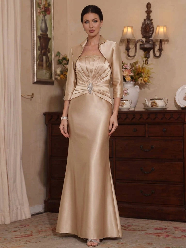 Robe Mère de la Mariée, Forme Trompette/Sirène, Col Chemise, Satin, avec Veste, Manches 3/4, Froncée, Longueur du Sol