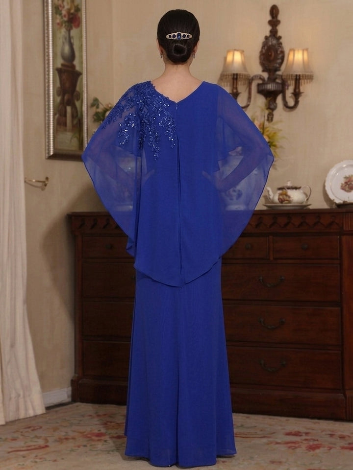 Robe Mère de la Mariée, Forme Fourreau/Colonne, Cou Asymétrique, Mousseline, Longueur du Sol, Manches Courtes