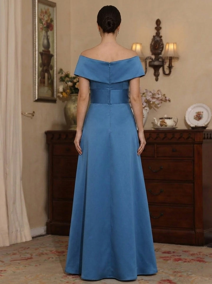 Robe Mère de la Mariée, Ligne A/Princesse, Hors de l'Épaule, Satin, avec Poches, Sans Manches, Froncée, Longueur du Sol