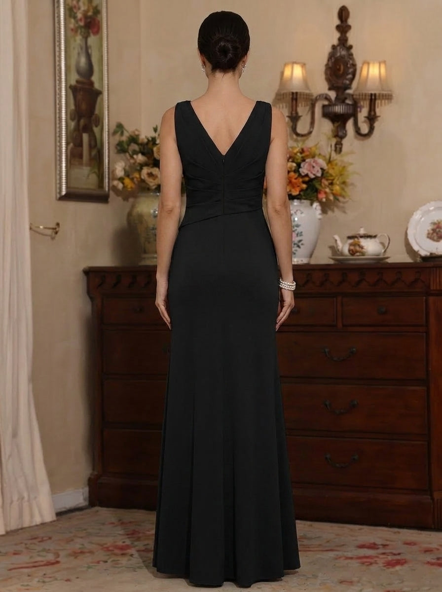 Robe Mère de la Mariée, Forme Fourreau/Colonne, Col en V, Satin Élastique, avec Fente Latérale, Sans Manches, Longueur du Sol