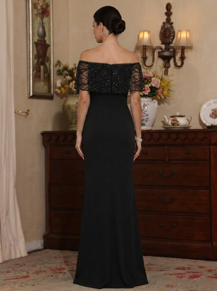 Robe Mère de la Mariée, Forme Fourreau/Colonne, Hors de l'Épaule, Sans Manches, avec Fente Latérale, Perles, Longueur du Sol