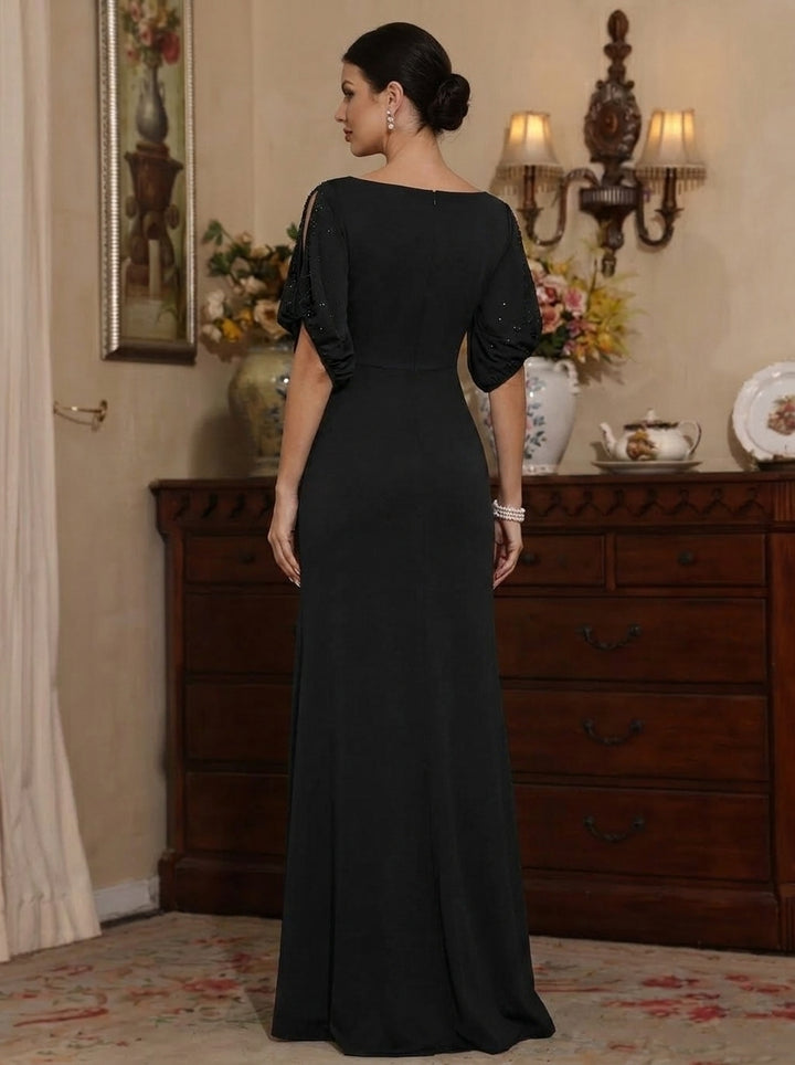 Robe Mère de la Mariée, Forme Fourreau/Colonne, Col Rond, Satin Élastique, Manches Courtes, Longueur du Sol, avec Perles