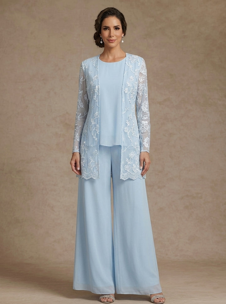 Ensemble 3 Morceaux en mousseline, Col Rond, Pantalon de mère de la mariée avec veste, Dentelle Florale, Longueur de la Cheville, Manches Longues