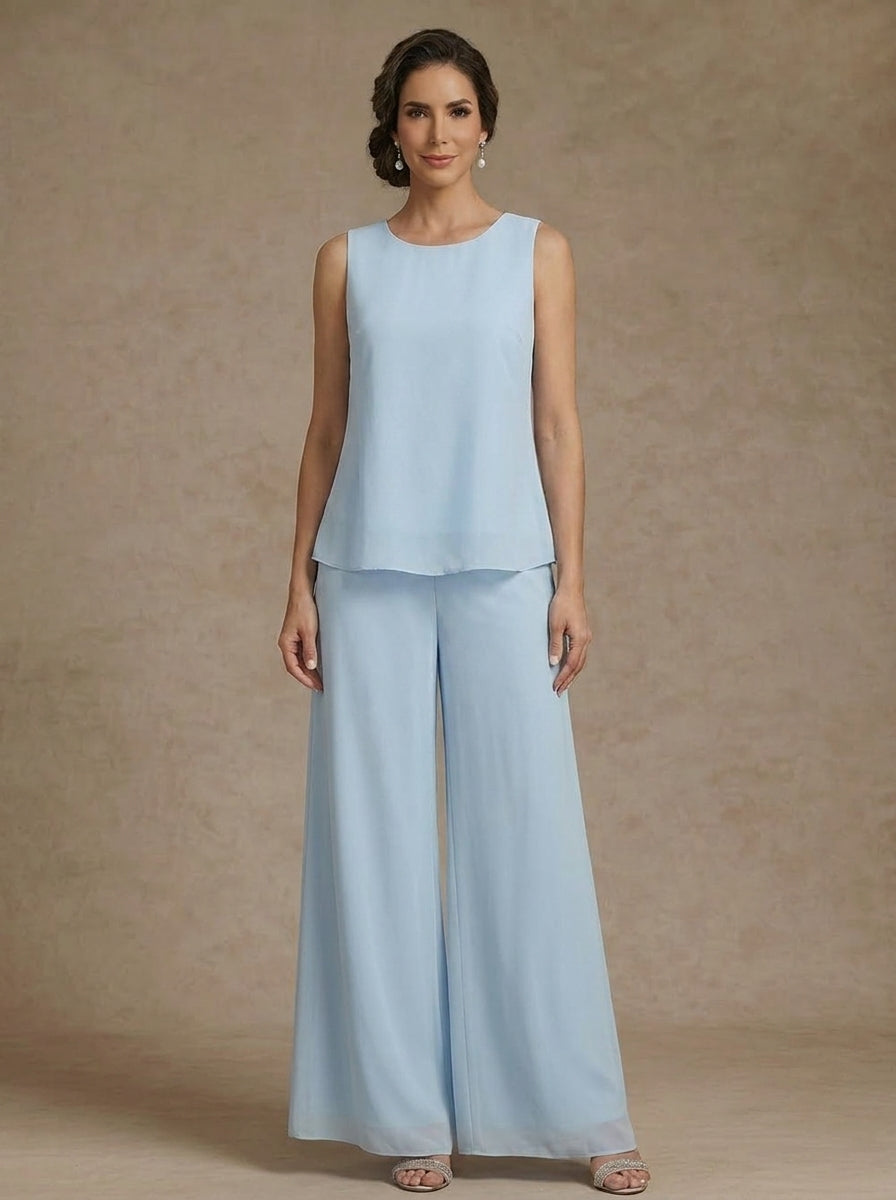 Ensemble 3 Morceaux en mousseline, Col Rond, Pantalon de mère de la mariée avec veste, Dentelle Florale, Longueur de la Cheville, Manches Longues