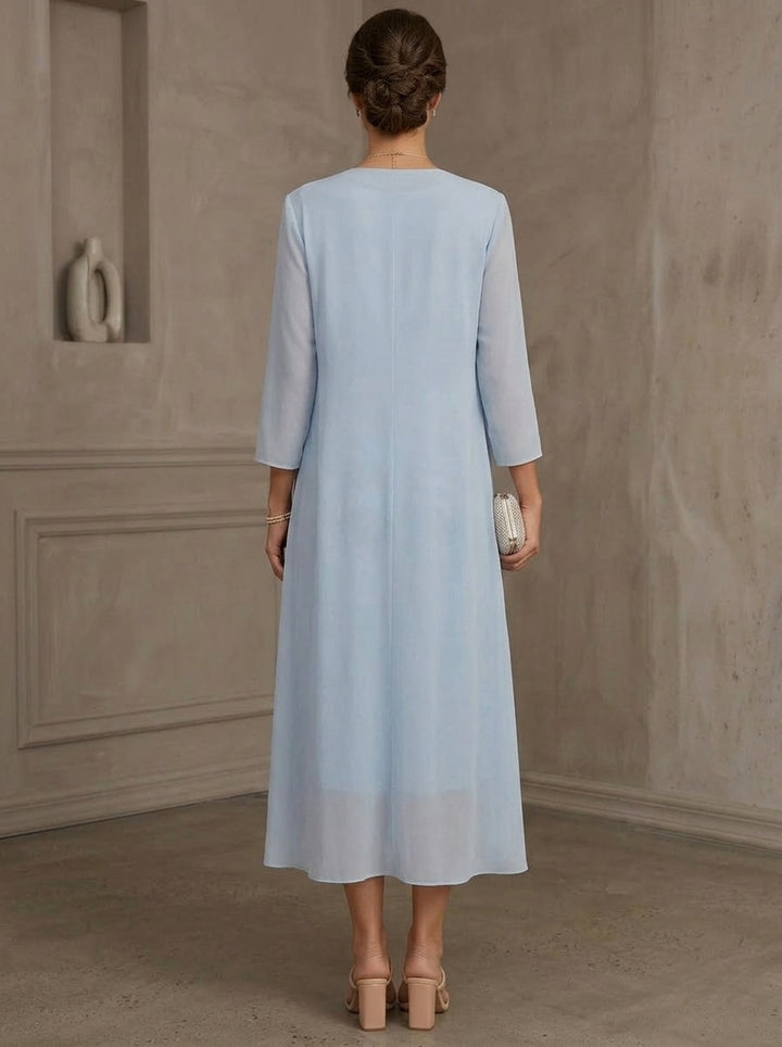 Robe Mère de la Mariée, Forme Fourreau/Colonne, Col Rond, Dentelle Florale, avec Veste, Manches 3/4, Fleurs, Longueur du Thé