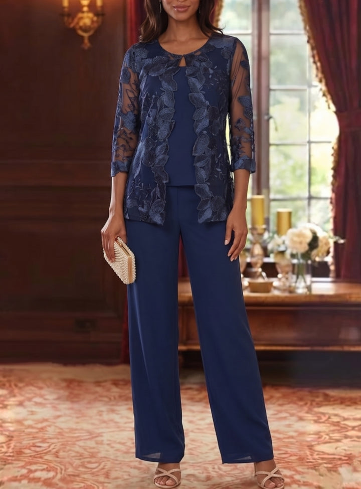 Ensemble 3 Morceaux en Mousseline, Col Rond, Costume-Pantalon pour Mère de la Mariée, avec Veste en Dentelle Fleurie, Longueur Jambière, Manches 3/4