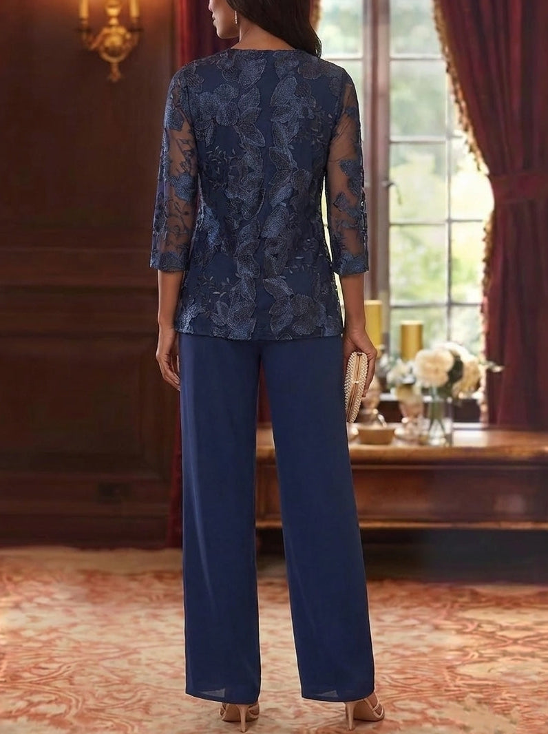 Ensemble 3 Morceaux en Mousseline, Col Rond, Costume-Pantalon pour Mère de la Mariée, avec Veste en Dentelle Fleurie, Longueur Jambière, Manches 3/4