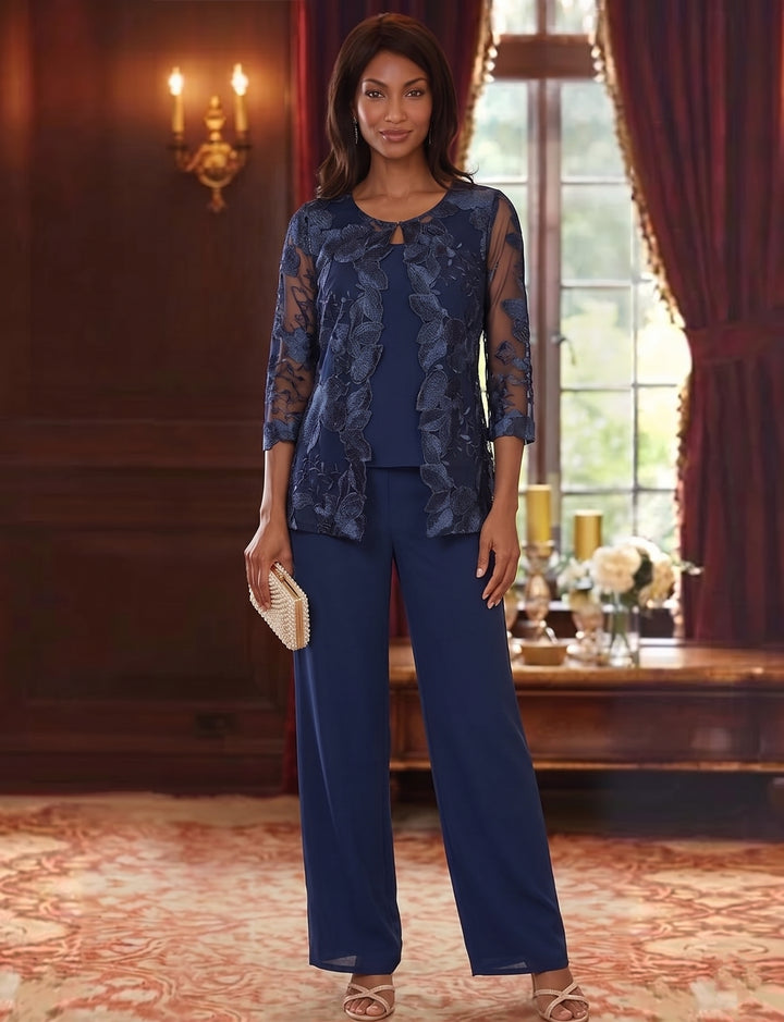 Ensemble 3 Morceaux en Mousseline, Col Rond, Costume-Pantalon pour Mère de la Mariée, avec Veste en Dentelle Fleurie, Longueur Jambière, Manches 3/4