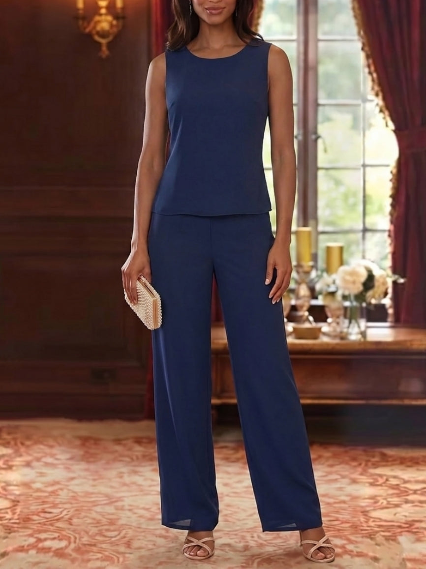Ensemble 3 Morceaux en Mousseline, Col Rond, Costume-Pantalon pour Mère de la Mariée, avec Veste en Dentelle Fleurie, Longueur Jambière, Manches 3/4