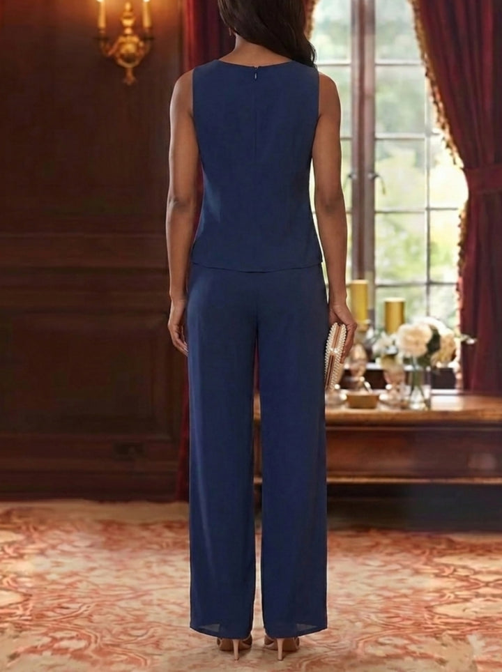 Ensemble 3 Morceaux en Mousseline, Col Rond, Costume-Pantalon pour Mère de la Mariée, avec Veste en Dentelle Fleurie, Longueur Jambière, Manches 3/4