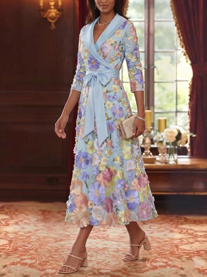 Robe Mère de la Mariée, Ligne A/Princesse, Col en V, Satin, Manches 3/4, Dentelle Florale, Longueur du Thé, avec Nœud Papillon