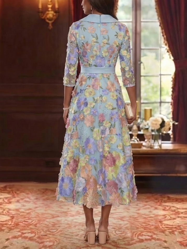 Robe Mère de la Mariée, Ligne A/Princesse, Col en V, Satin, Manches 3/4, Dentelle Florale, Longueur du Thé, avec Nœud Papillon