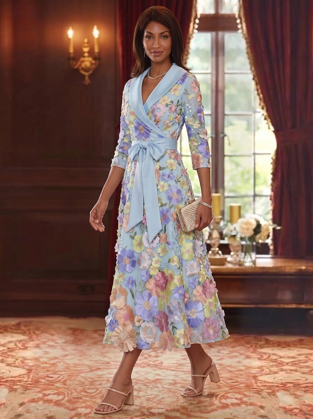 Robe Mère de la Mariée, Ligne A/Princesse, Col en V, Satin, Manches 3/4, Dentelle Florale, Longueur du Thé, avec Nœud Papillon