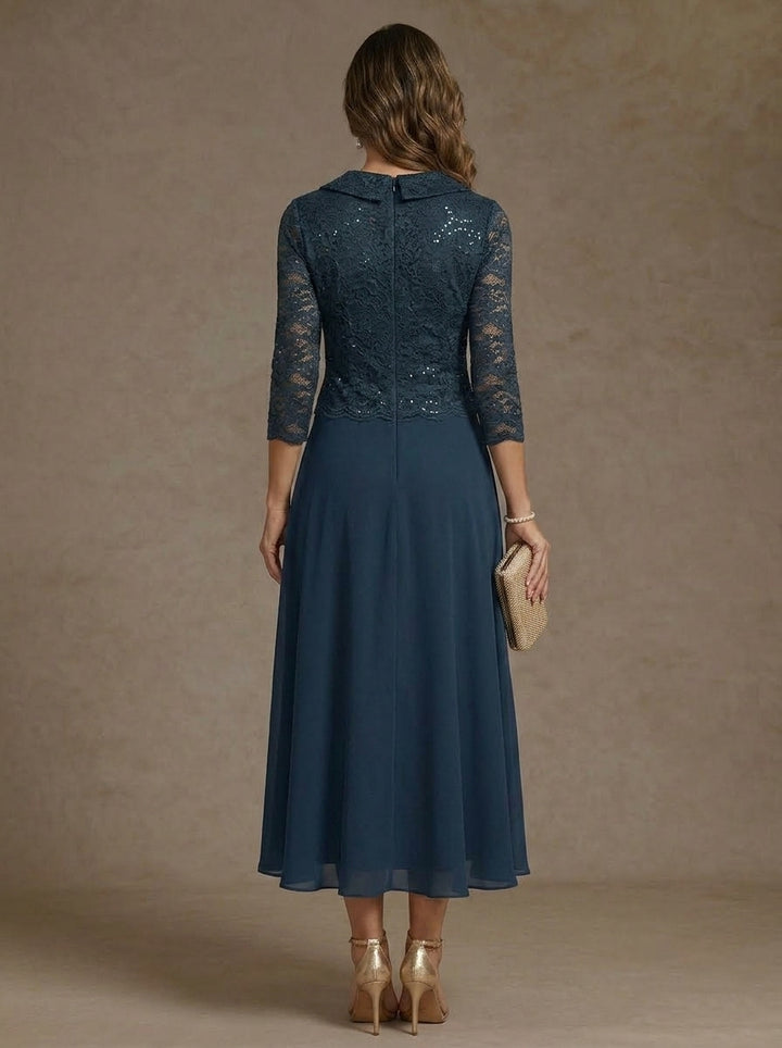 Robe Mère de la Mariée, Ligne A/Princesse, Col en V, Mousseline, Manches 3/4, Dentelle, Longueur du Thé