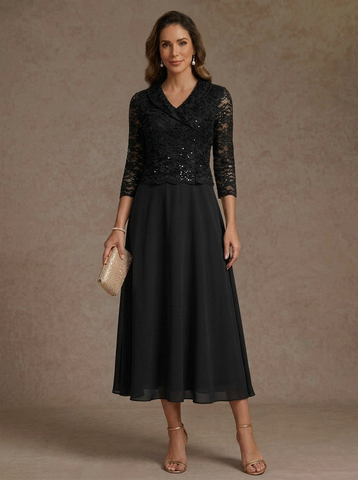 Robe Mère de la Mariée, Ligne A/Princesse, Col en V, Mousseline, Manches 3/4, Dentelle, Longueur du Thé