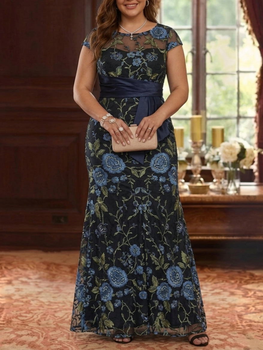 Robe Mère de la Mariée, Taille Plus, Trompette/Sirène, Col Rond, Dentelle Florale, Manches Courtes, Longueur au Sol, avec Ceinture