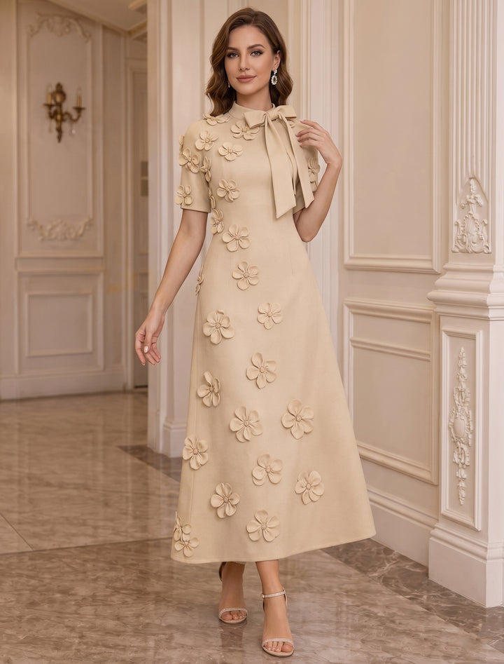 Robe Mère de la Mariée, Ligne A/Princesse, Col Montant, Satin Élastique, avec Fleurs en 3D, Manches Courtes, Longueur du Thé, Noeud Papillon