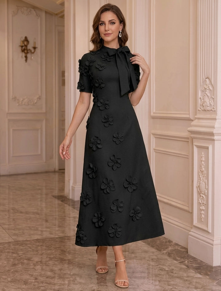 Robe Mère de la Mariée, Ligne A/Princesse, Col Montant, Satin Élastique, avec Fleurs en 3D, Manches Courtes, Longueur du Thé, Noeud Papillon