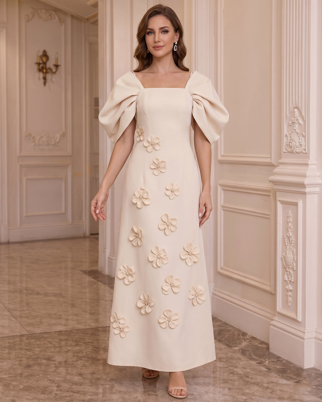 Robe Mère de la Mariée, Ligne A/Princesse, Col Carré, Satin Élastique, avec Fleurs en 3D, Manches Bouffantes, Longueur de la Cheville