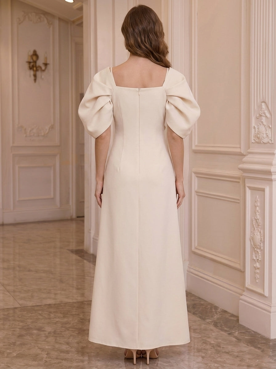 Robe Mère de la Mariée, Ligne A/Princesse, Col Carré, Satin Élastique, avec Fleurs en 3D, Manches Bouffantes, Longueur de la Cheville