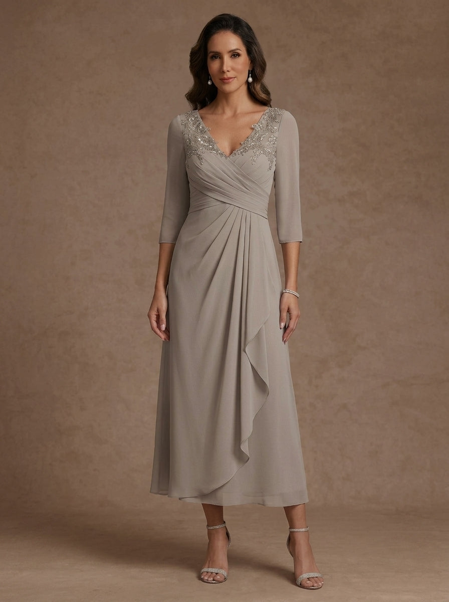 Robe mère de la mariée, Ligne A/Princesse, Col en V, Mousseline, Manches 3/4, Dentelle, Longueur du Thé, avec Plis
