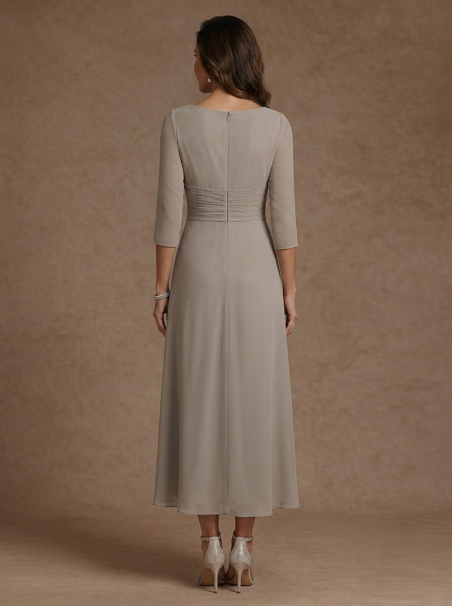 Robe mère de la mariée, Ligne A/Princesse, Col en V, Mousseline, Manches 3/4, Dentelle, Longueur du Thé, avec Plis