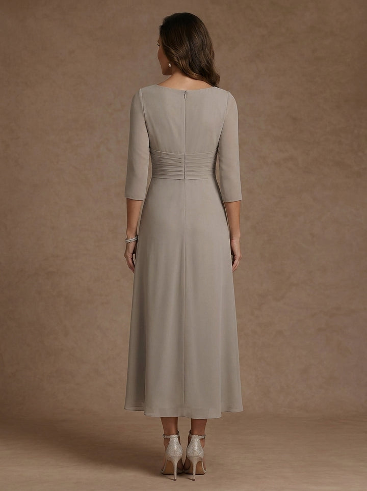 Robe mère de la mariée, Ligne A/Princesse, Col en V, Mousseline, Manches 3/4, Dentelle, Longueur du Thé, avec Plis