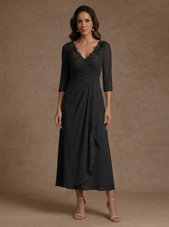 Robe mère de la mariée, Ligne A/Princesse, Col en V, Mousseline, Manches 3/4, Dentelle, Longueur du Thé, avec Plis