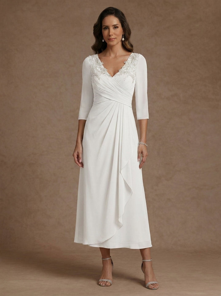 Robe mère de la mariée, Ligne A/Princesse, Col en V, Mousseline, Manches 3/4, Dentelle, Longueur du Thé, avec Plis