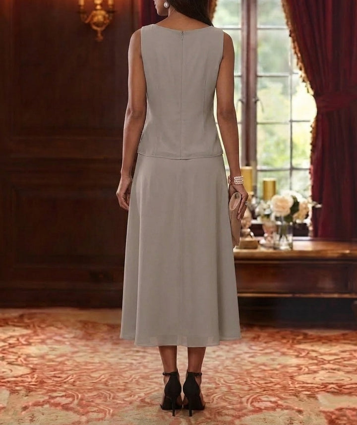 Ensemble de 2 Morceaux, Robe Mère de la Mariée, Ligne A/Princesse, Col Rond, Mousseline, avec Veste, Manches 3/4, Longueur du Thé, Dentelle
